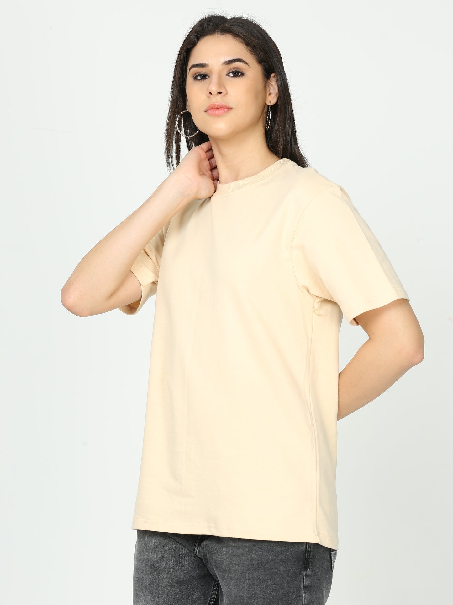 Beige Solid Premium Oversized Unisex T-Shirt