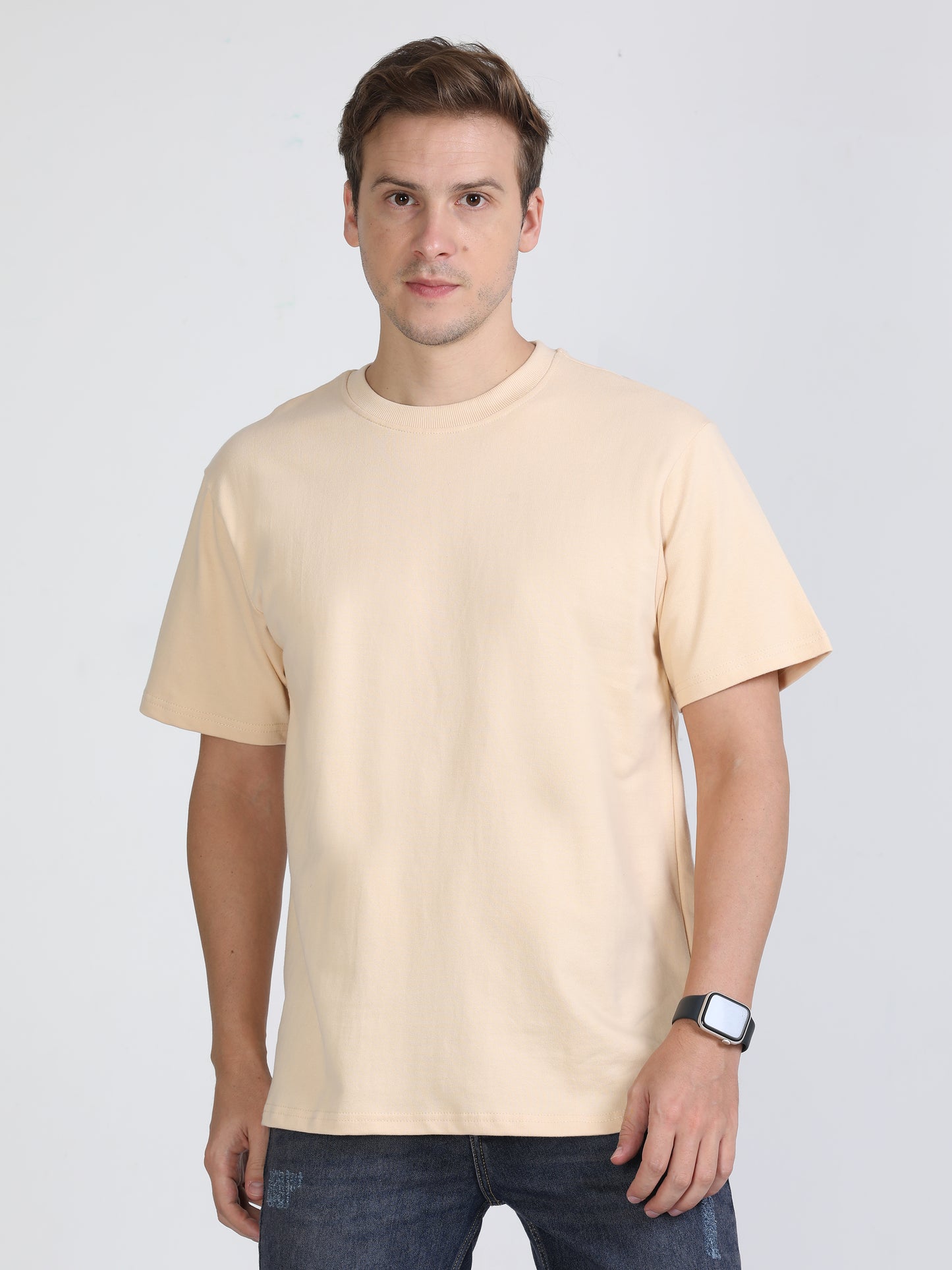 Beige Solid Premium Oversized Unisex T-Shirt