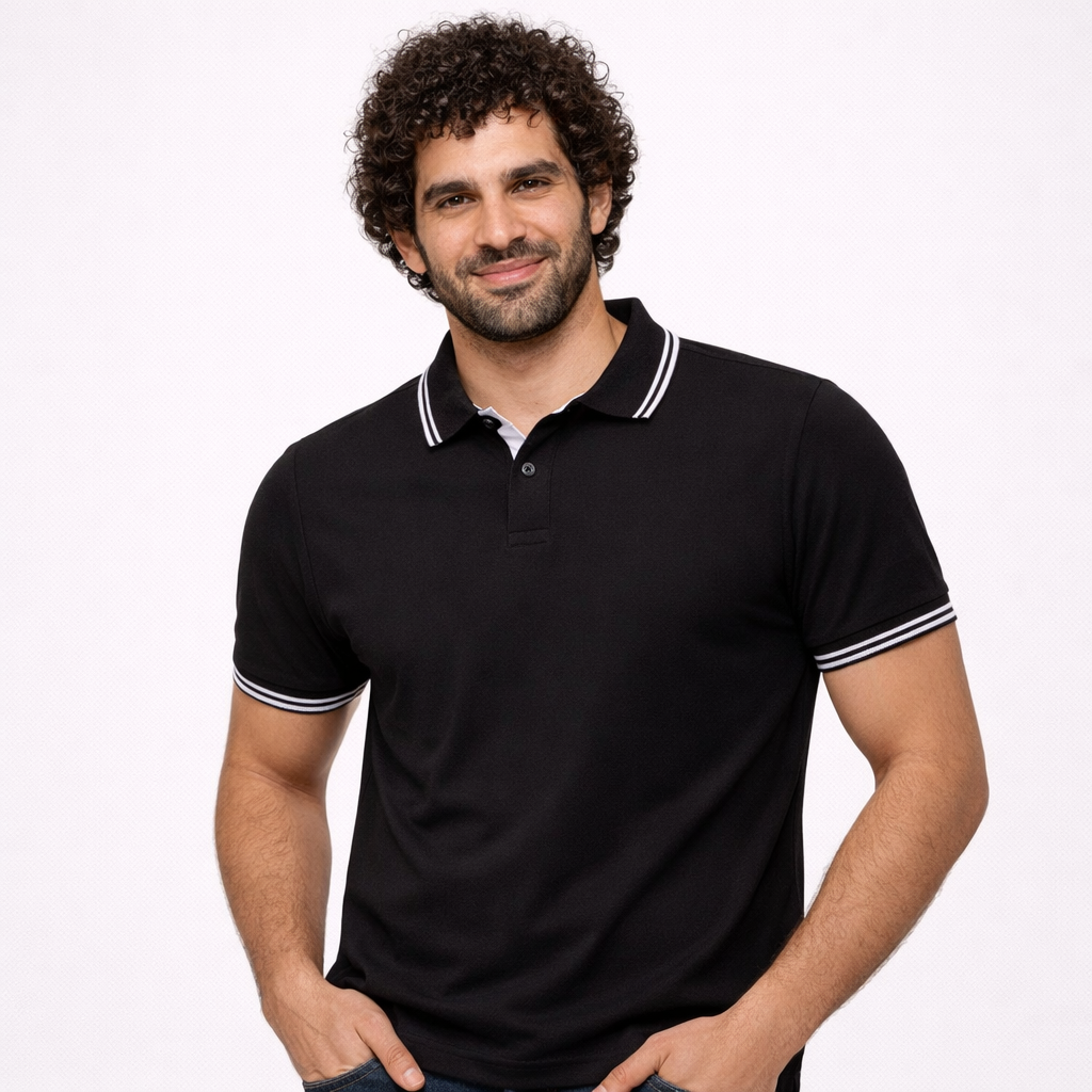 Black Double Tipping Polo Neck T-Shirt