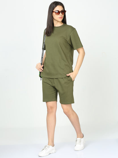 Olive Green Solid Premium Unisex T-Shirt and Shorts Co-ord Set