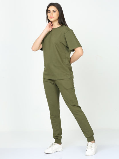 Olive Green Solid Premium Unisex T-Shirt and Joggers Co-ord Set