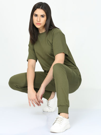 Olive Green Solid Premium Unisex T-Shirt and Joggers Co-ord Set