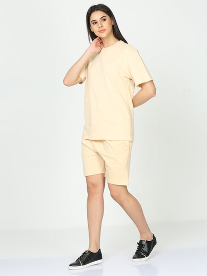 Beige Solid Premium Unisex T-Shirt and Shorts Co-ord Set