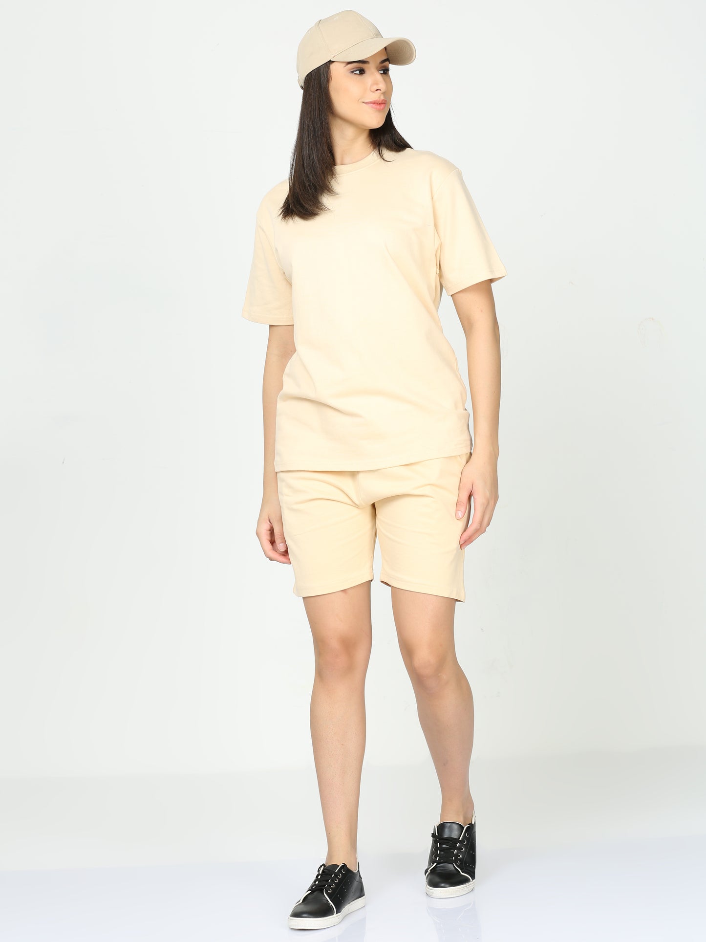 Beige Solid Premium Unisex T-Shirt and Shorts Co-ord Set