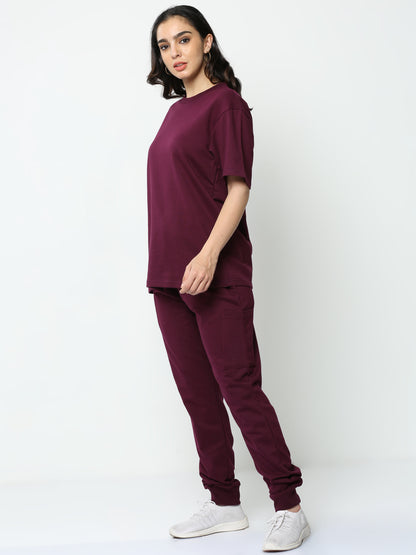 Wine Solid Premium Unisex T-Shirt and Joggers Co-ord Set