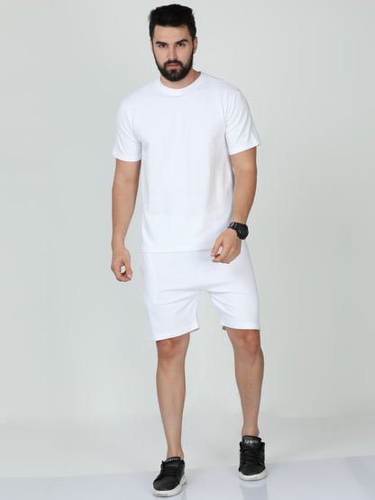 White Solid Premium Unisex T-Shirt and Shorts Co-ord Set