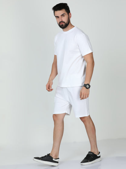 White Solid Premium Unisex T-Shirt and Shorts Co-ord Set