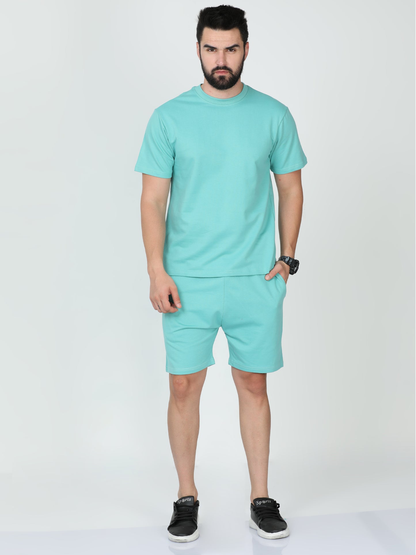 Petrol Green Solid Premium Unisex T-Shirt and Shorts Co-ord Set