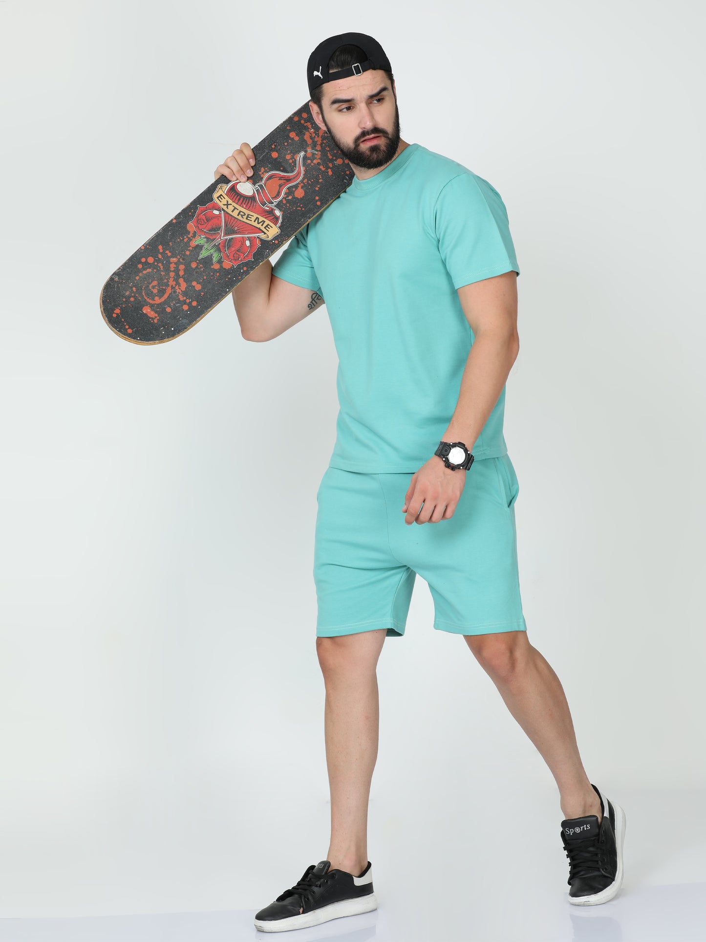 Petrol Green Solid Premium Unisex T-Shirt and Shorts Co-ord Set