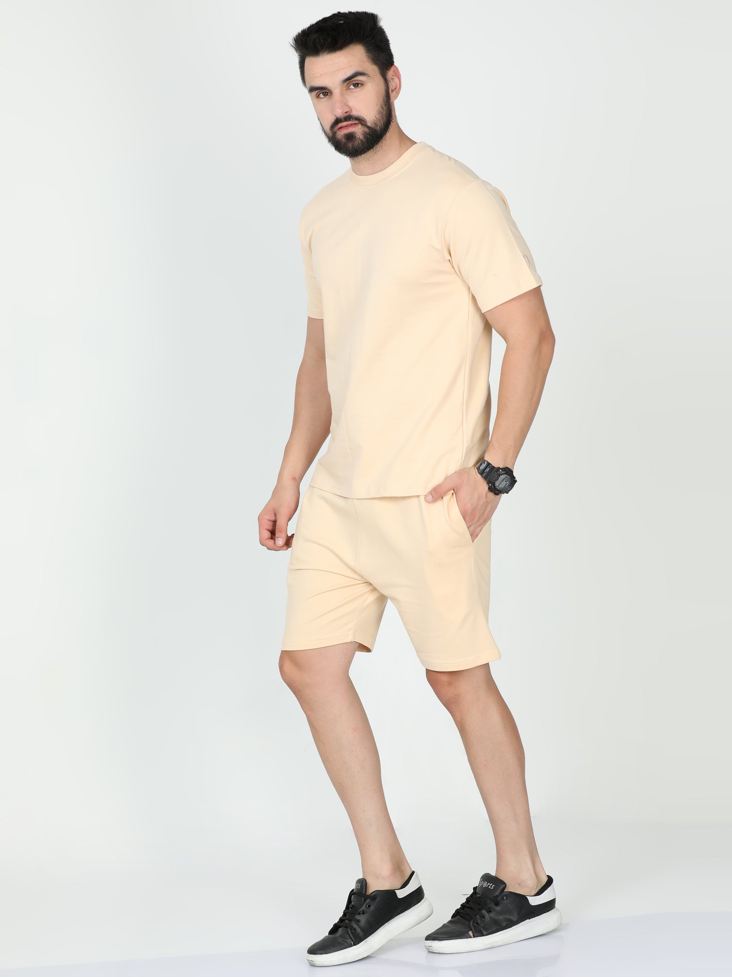 Beige Solid Premium Unisex T-Shirt and Shorts Co-ord Set