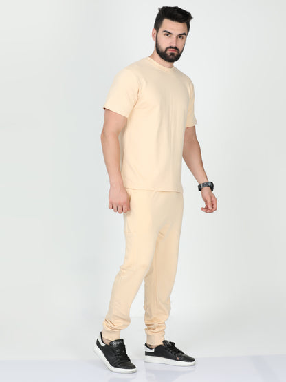 Beige Solid Premium Unisex T-Shirt and Joggers Co-ord Set