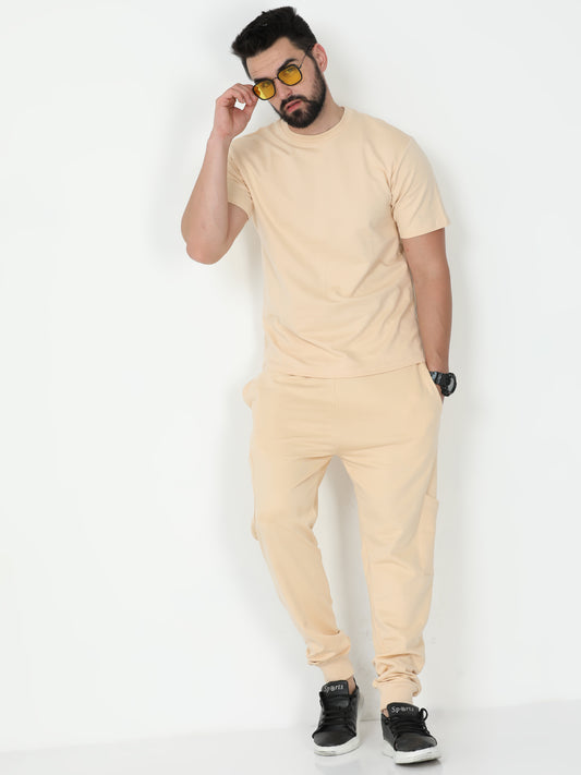 Beige Solid Premium Unisex T-Shirt and Joggers Co-ord Set