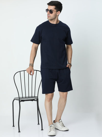 Navy Blue Solid Premium Unisex T-Shirt and Shorts Co-ord Set