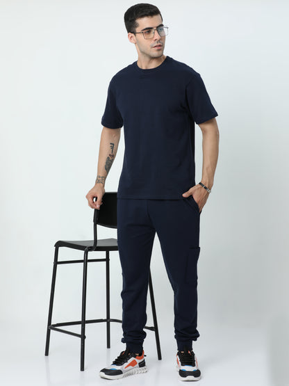 Navy Blue Solid Premium Unisex T-Shirt and Joggers Co-ord Set