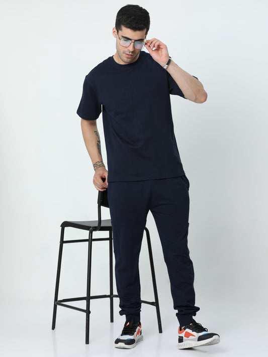 Navy Blue Solid Premium Unisex T-Shirt and Joggers Co-ord Set