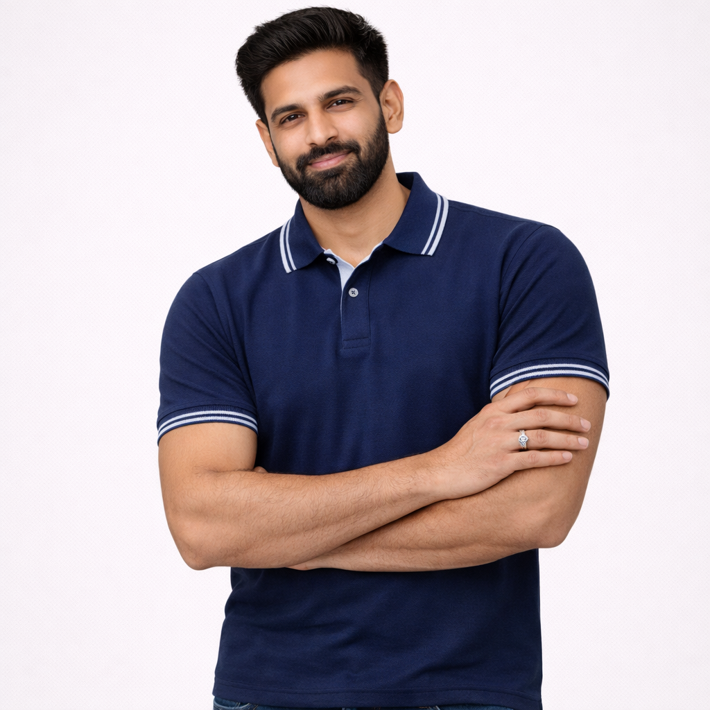 Navy Blue Double Tipping Polo Neck T-Shirt