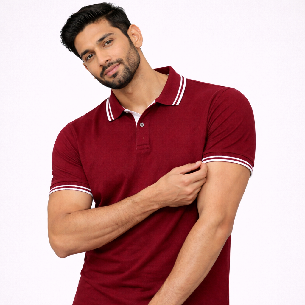 Maroon Double Tipping Polo Neck T-Shirt