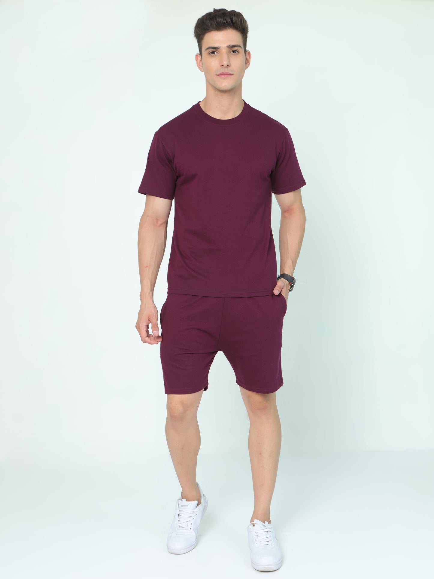 Wine Solid Premium Unisex T-Shirt and Shorts Co-ord Set