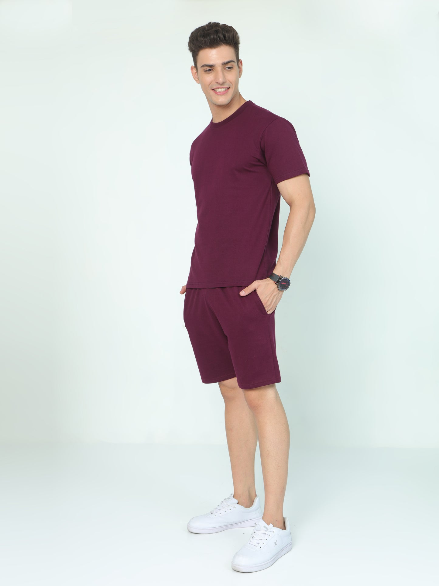 Wine Solid Premium Unisex T-Shirt and Shorts Co-ord Set