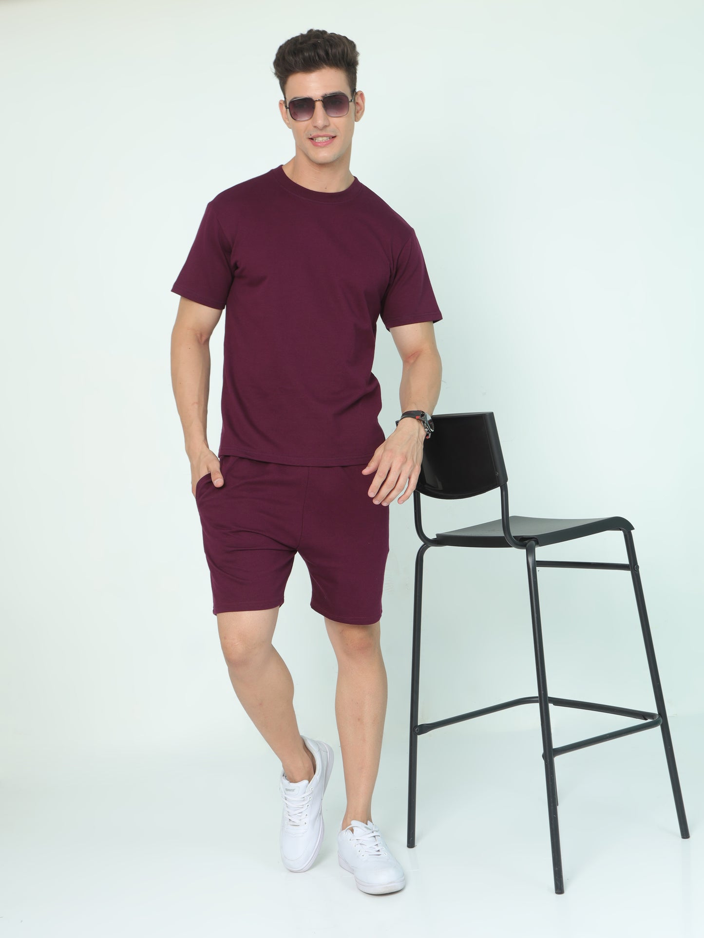 Wine Solid Premium Unisex T-Shirt and Shorts Co-ord Set