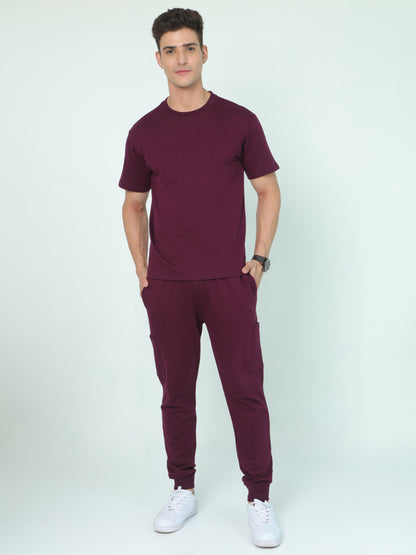 Wine Solid Premium Unisex T-Shirt and Joggers Co-ord Set