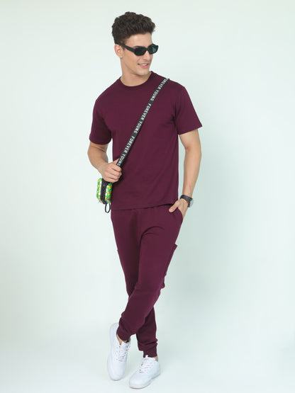 Wine Solid Premium Unisex T-Shirt and Joggers Co-ord Set