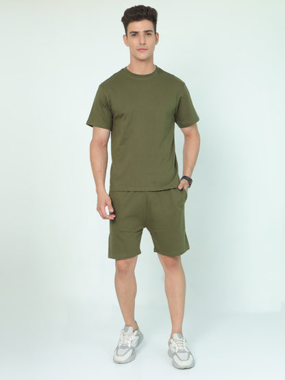 Olive Green Solid Premium Unisex T-Shirt and Shorts Co-ord Set