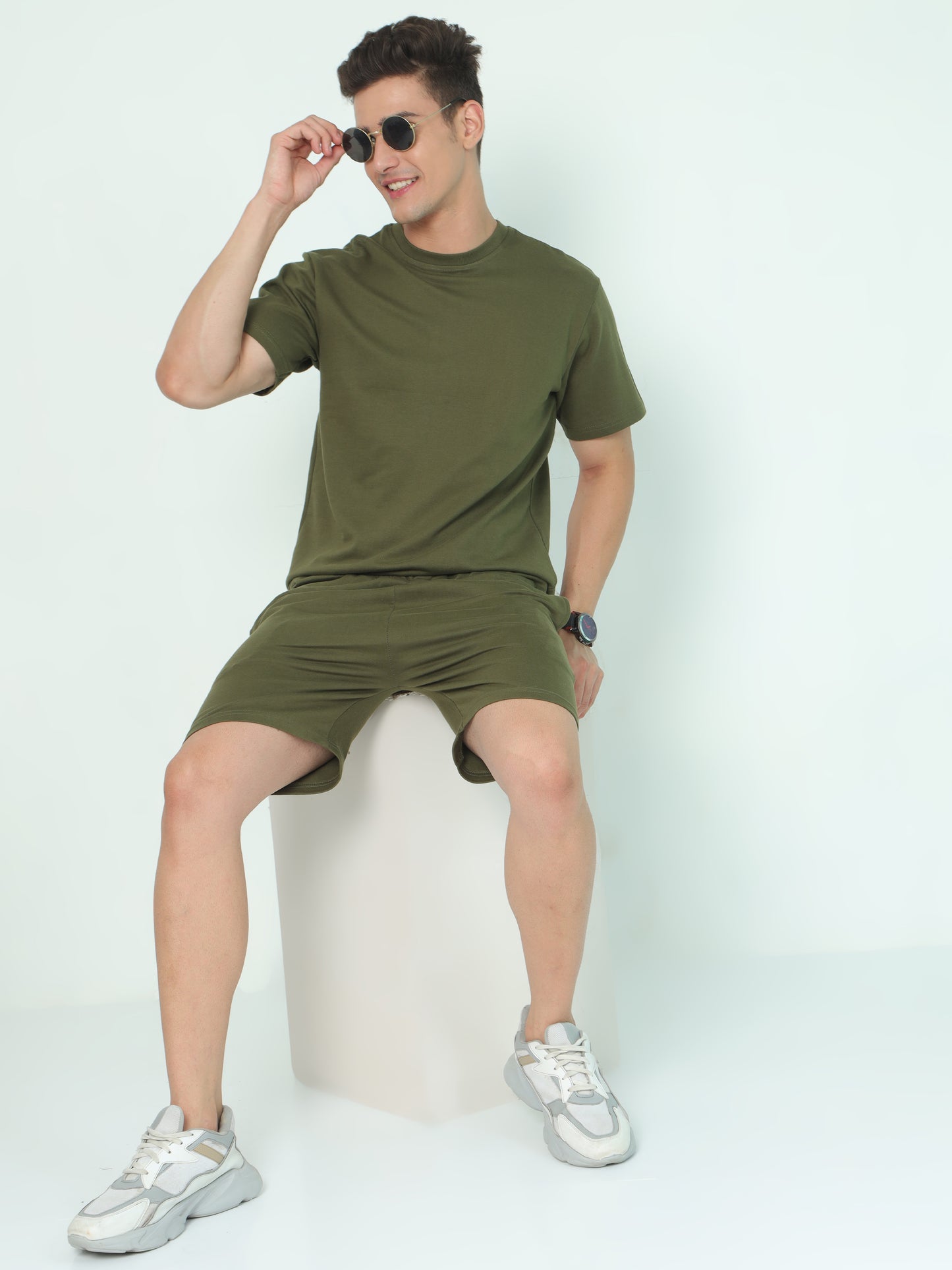 Olive Green Solid Premium Unisex T-Shirt and Shorts Co-ord Set