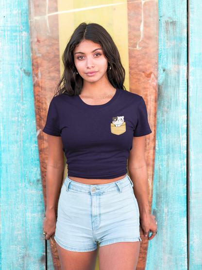 Navy Blue Pocket Yellow Cat Regular Crop Top