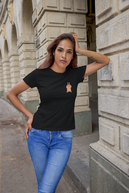 Black Orange Pocket Cartoon Female Regular T-Shirt